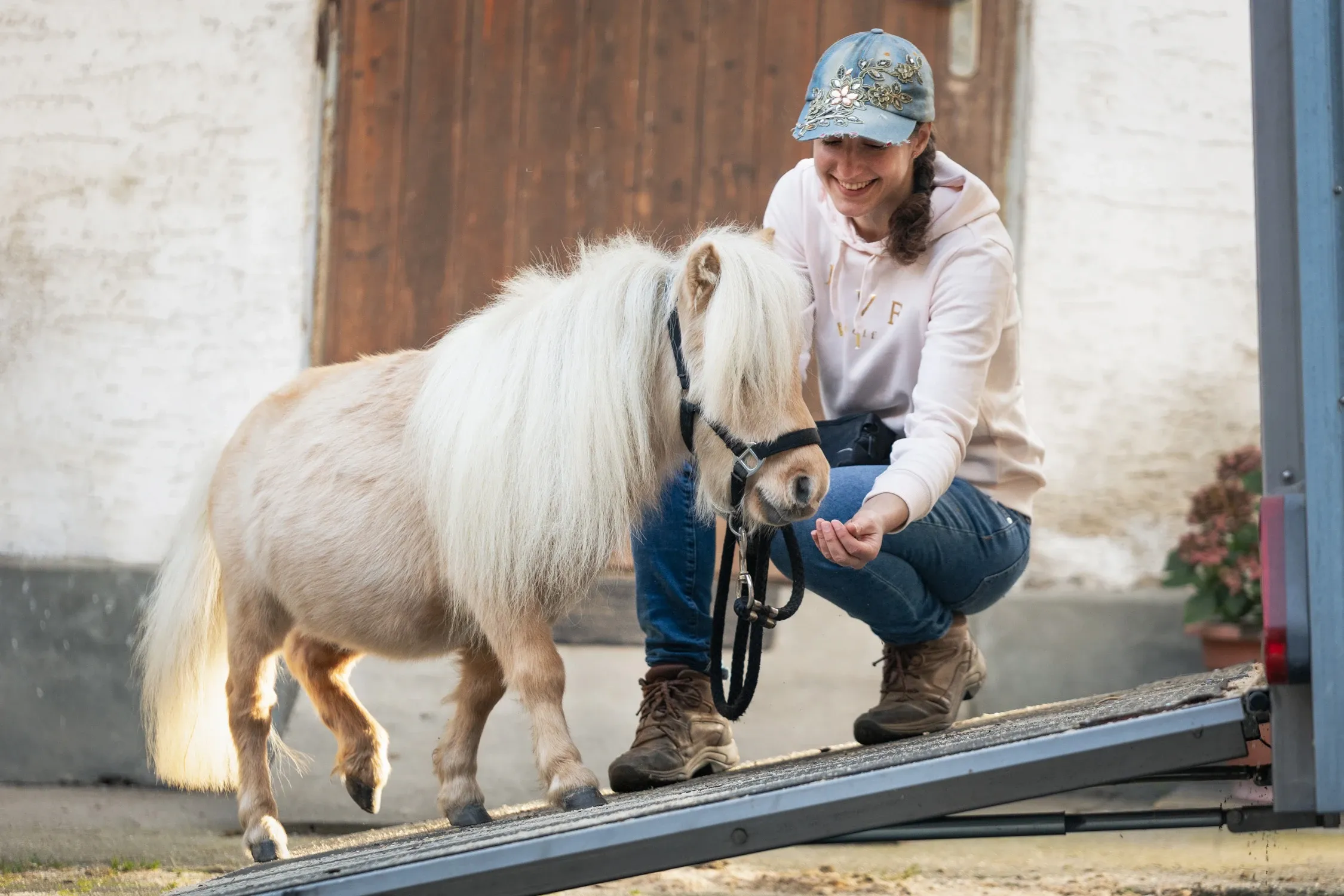Christine Neumair mit einem Mini-Shetlandpony am Hänger